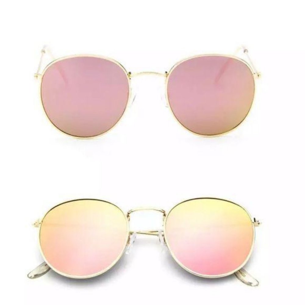 Round Rose Gold Pink Sunglasses Wire Frame Mirror - Picture 2 of 2